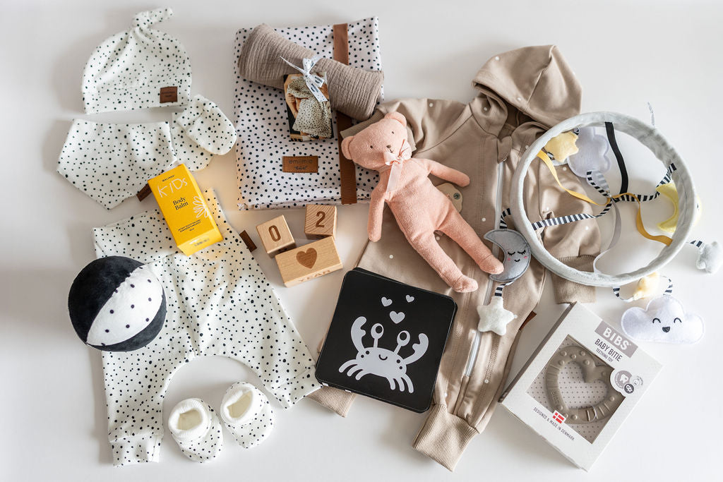Flat lay of a SnuggleBox Newborn (0-12 Months) collection, featuring soft white and black polka-dot baby clothing, a plush pink bear, a high-contrast black and white sensory toy, wooden blocks, and baby balm.