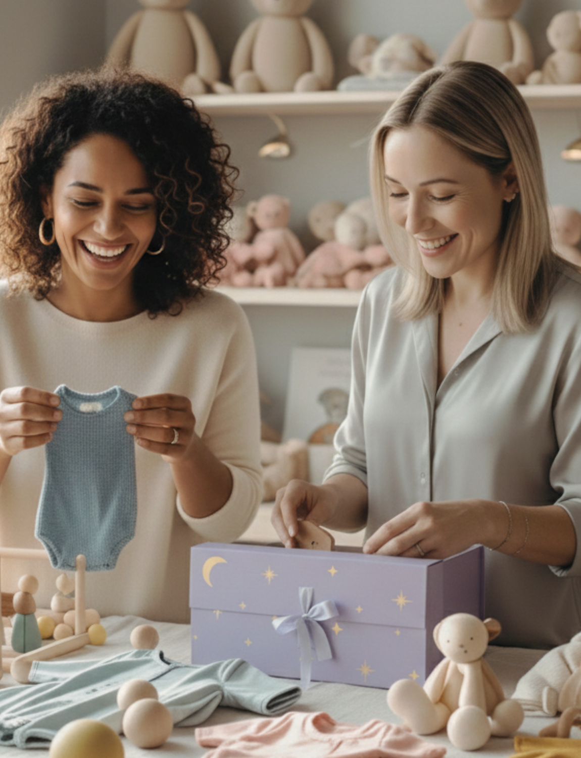 Two mothers hand curating a Snugglebox with infant toys and clothing.